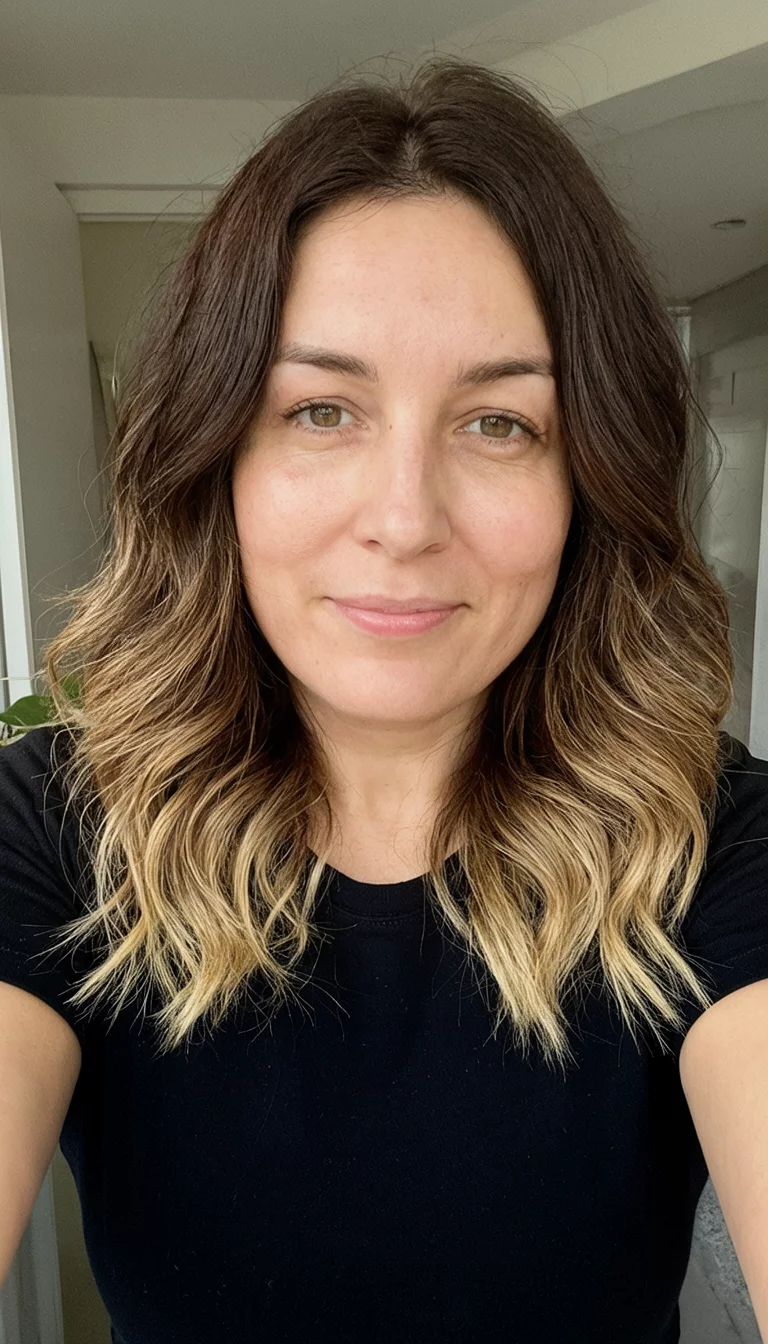 Sun Kissed Medium Waves selfie of a 33-year-old woman wearing a black shirt with a medium-length, wavy brown hairstyle with lighter blonde ends, front view, indoor background
