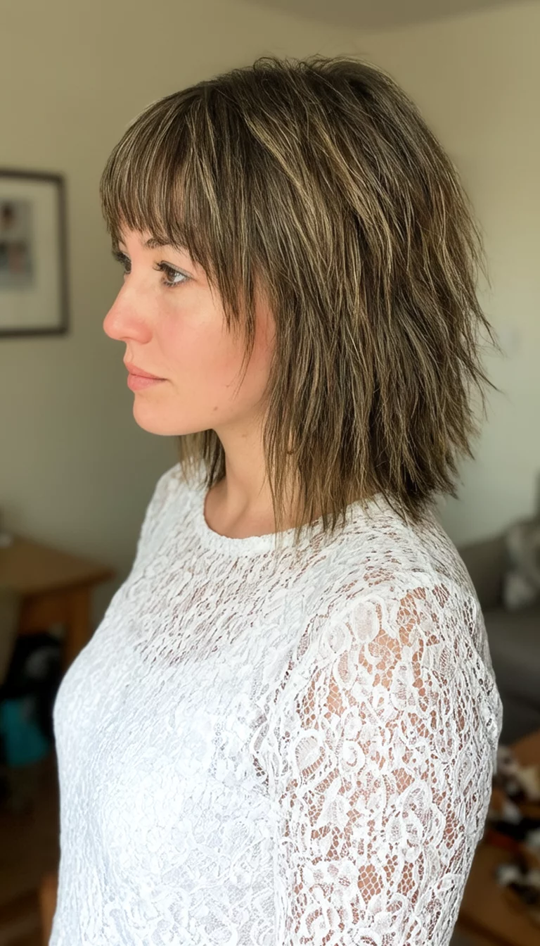 The Lace And Layers Combo casual photo of a 32-year-old woman wearing a white lace top with a shoulder-length hairstyle featuring choppy layers and bangs, side view, indoor background