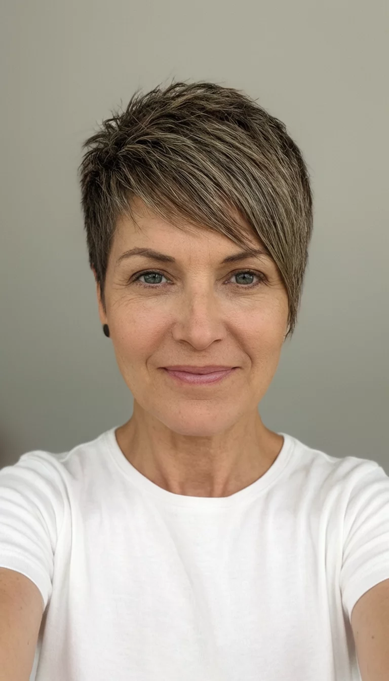 The Golden Pixie selfie of a 39-year-old woman wearing a white top with a short, textured pixie cut with side-swept bangs, front view, neutral background
