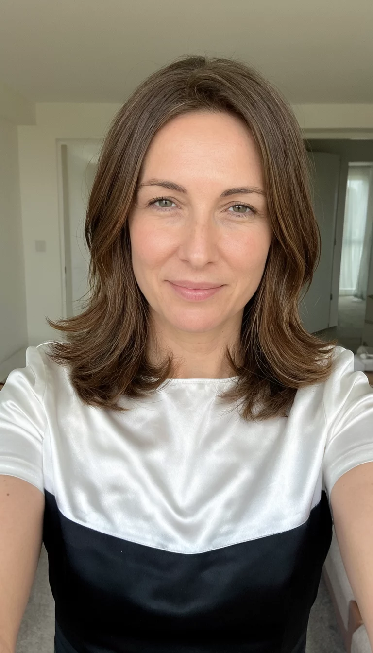 The Satin Flip selfie of a 31-year-old woman wearing a satin white and black top with a medium-length brown hairstyle, layered and flipped outwards at the ends, front view, indoor background