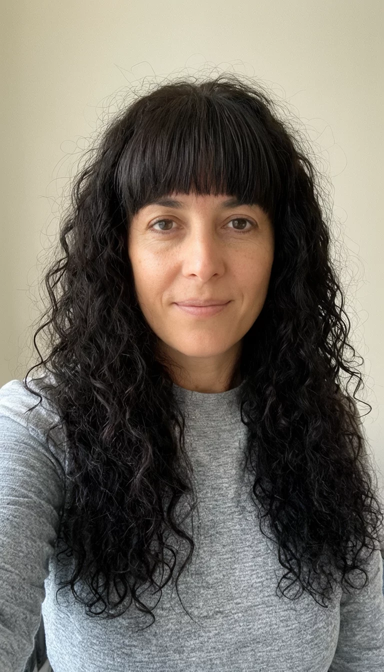 The Moody Curls Collection selfie of a 36-year-old woman wearing a gray top with a long, dark, curly hairstyle and thick bangs, front view, neutral background