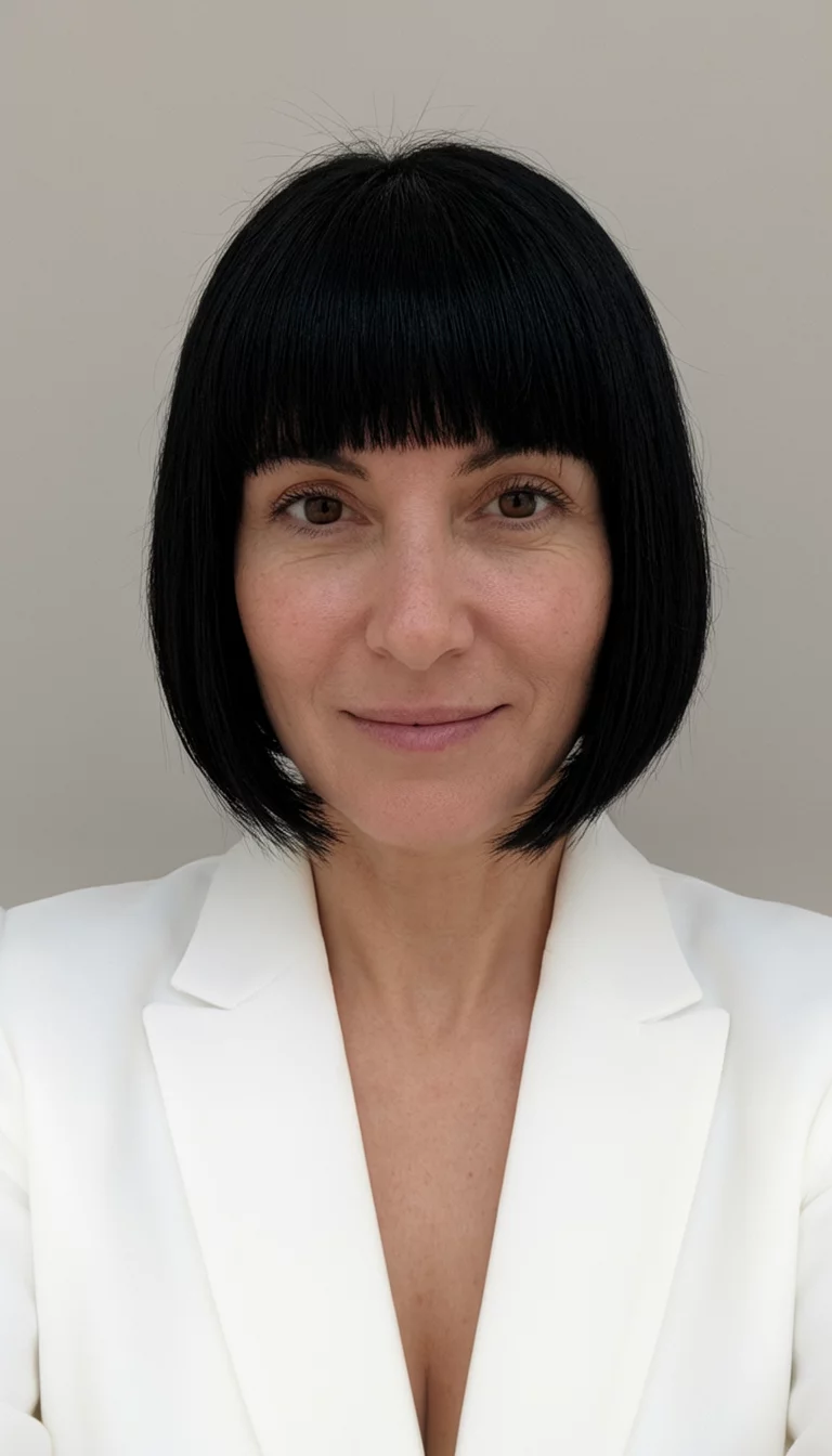 The Sharp Executive Bob selfie of a 39-year-old woman wearing a white blazer with a sharp, chin length black bob hairstyle, front view, neutral background