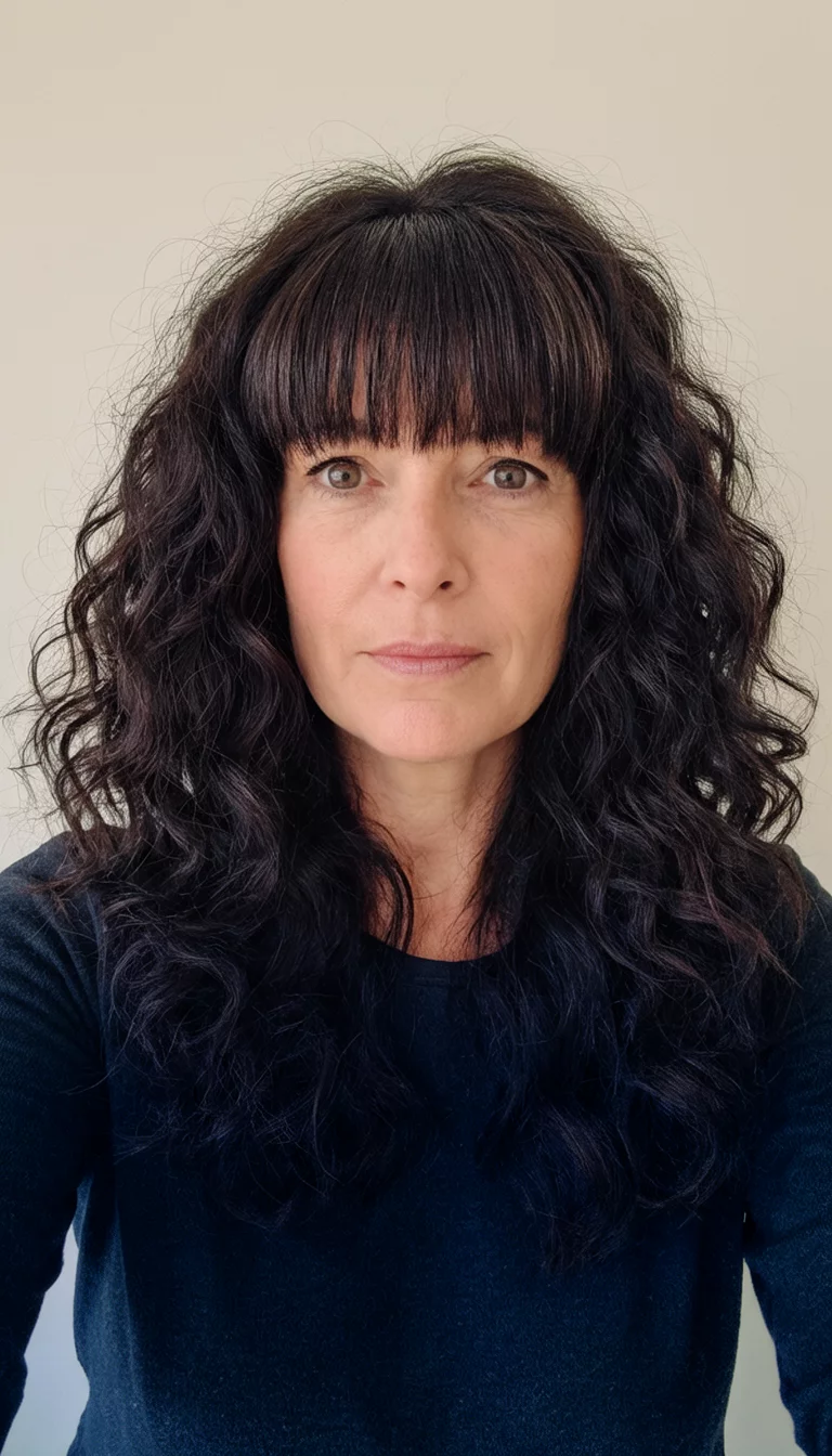The Voluminous Brunette Shag selfie of a 38-year-old woman wearing a dark top with a dark, voluminous, wavy hairstyle with full bangs, front view, neutral background