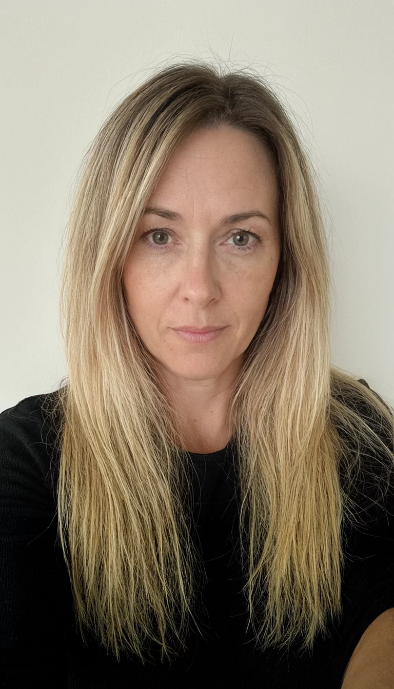 The Long Layered Classic selfie of a 32-year-old woman wearing a black top with a very long, layered blonde hairstyle with darker roots, front view, neutral background