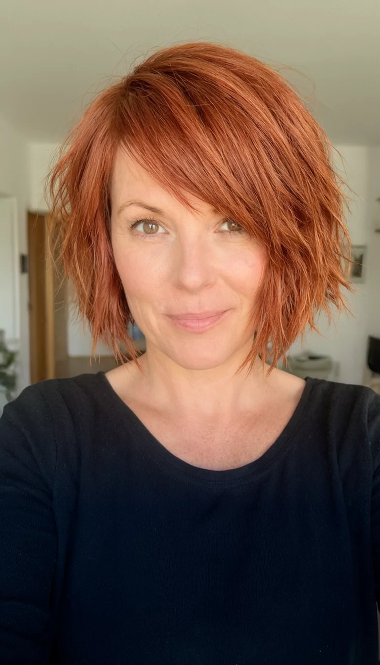 The Copper Choppy Cut selfie of a 35-year-old woman wearing a black top with a short, layered, choppy copper-red bob hairstyle and side-swept bangs, front view, indoor background