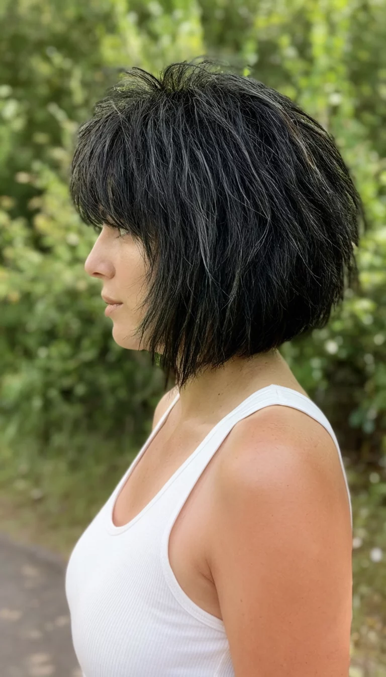 The Casual Shag Edge casual photo of a 30-year-old woman wearing a white tank top with a dark, shaggy, layered hairstyle, side view, outdoor background