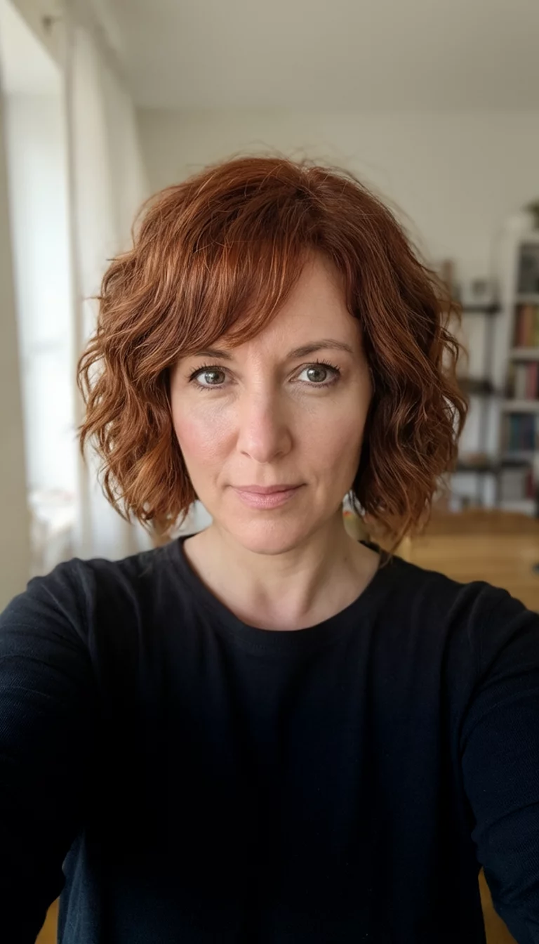 The Auburn Wave selfie of a 34-year-old woman wearing a black top with a short, wavy, auburn-brown bob hairstyle, front view, indoor background