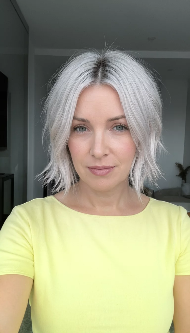 The Platinum Face Framer selfie of a 35-year-old woman wearing a pastel yellow top with a platinum blonde, layered hairstyle styled with a middle part, front view, indoor background