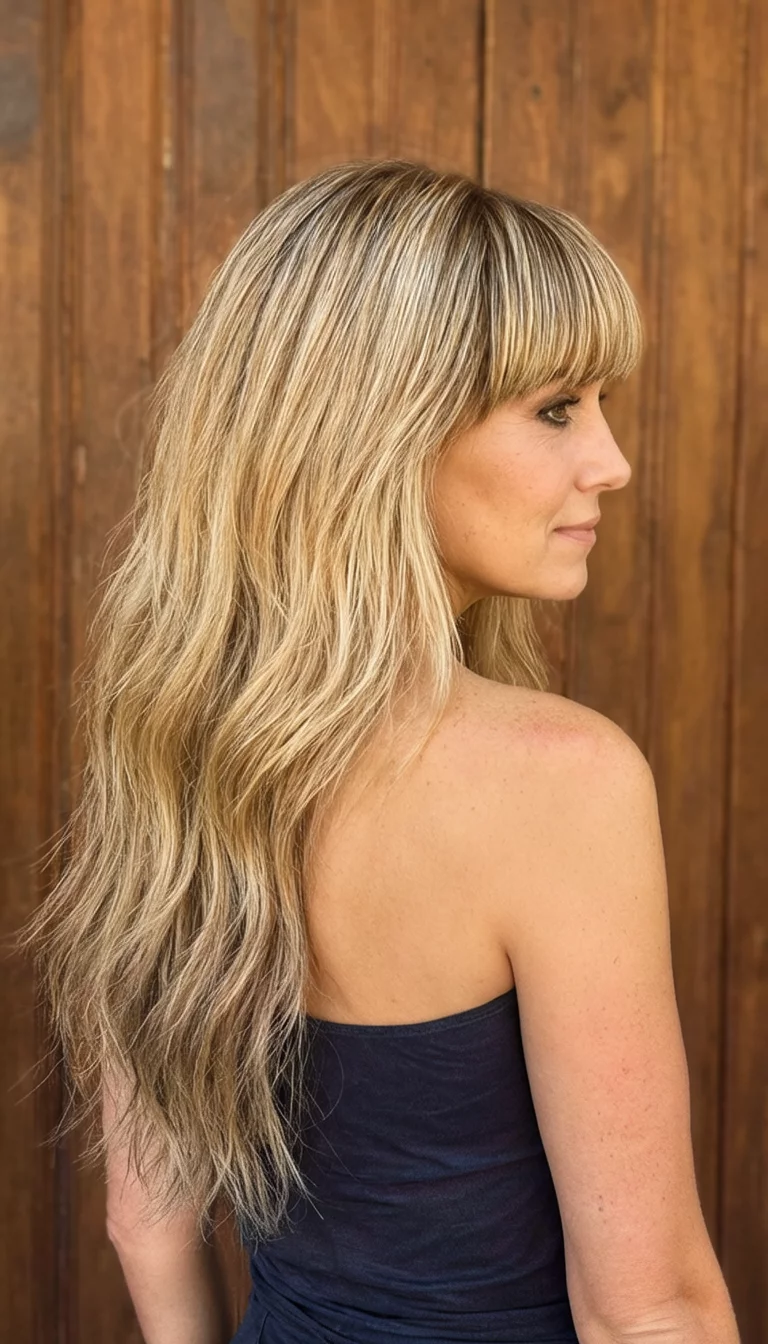 Woodland Blonde Layers casual photo of a 34-year-old woman wearing a dark strapless top with a long, layered blonde hairstyle and full bangs, side view, wooden background