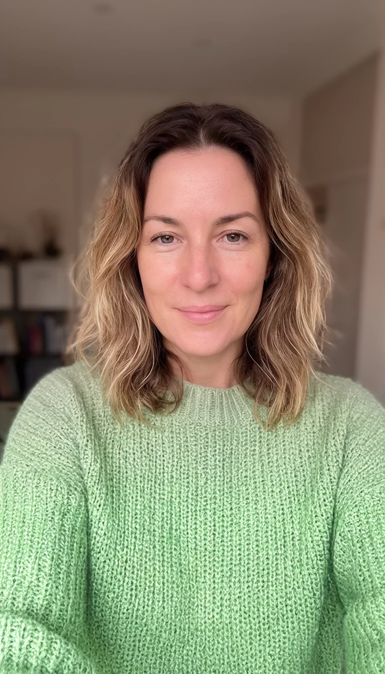 The Knitted Green Glow selfie of a 32-year-old woman wearing a light green knitted sweater with a medium-length, wavy blonde-brown hairstyle, front view, indoor background