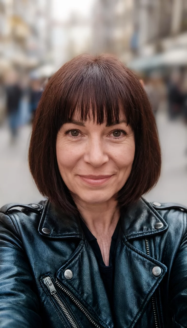The Polished Leather Bob selfie of a 34-year-old woman wearing a black leather jacket with a dark brown, chin-length bob hairstyle, front view, blurred background