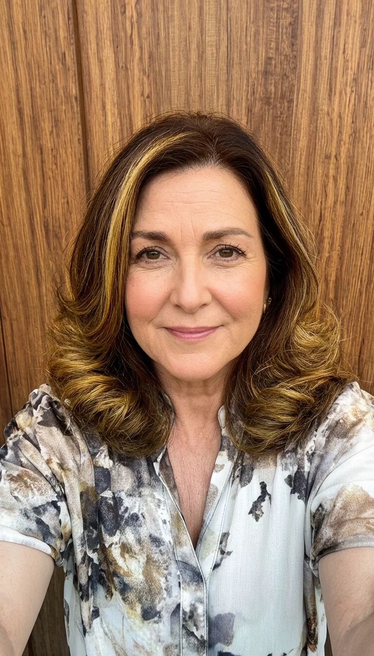 selfie of a 45-year-old woman wearing a fashionable top with brown hair and golden highlights styled in soft waves hairstyle, front view, wooden background