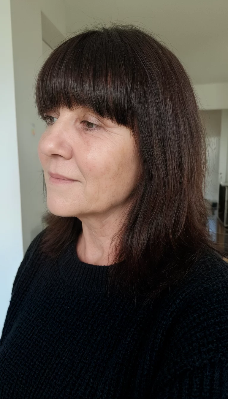 selfie of a 47-year-old woman wearing a black sweater with dark brown hair and straight across bangs hairstyle, side view, neutral indoor background