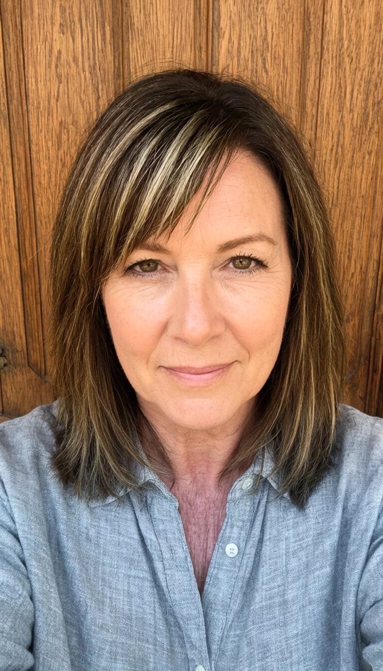 selfie of a 46-year-old woman wearing a casual shirt with shoulder-length brown hair and subtle blonde highlights with side bangs hairstyle, front view, wooden backdrop