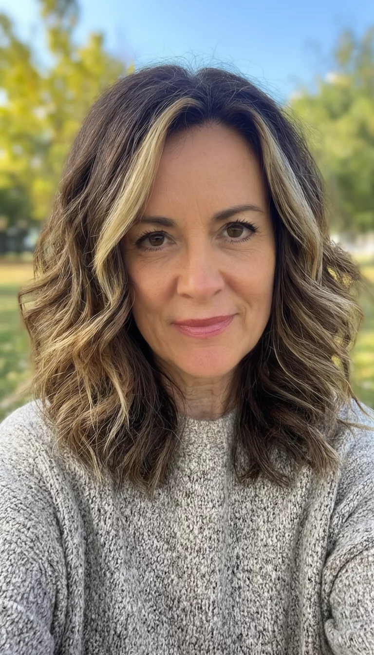 selfie of a 40-year-old woman wearing a warm top with shoulder-length wavy brown hair with blonde undertones and face-framing pieces hairstyle, front view, outdoor sunlight