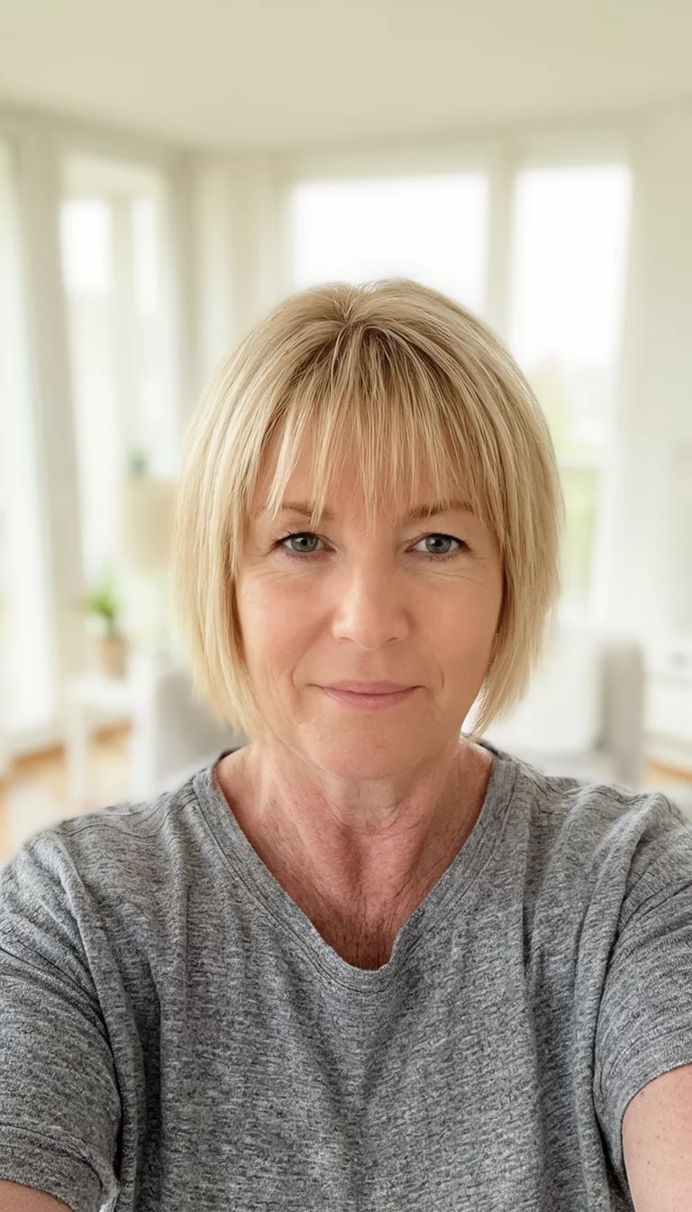 selfie of a 44-year-old woman wearing a casual top with a short blonde haircut and new bangs hairstyle, front view, brightly lit room