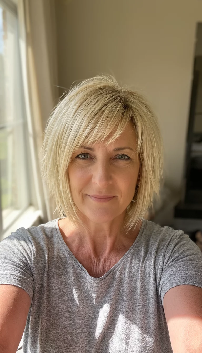 selfie of a 48-year-old woman wearing a casual top with a blonde shoulder-length choppy bob hairstyle, front view, sunlit room