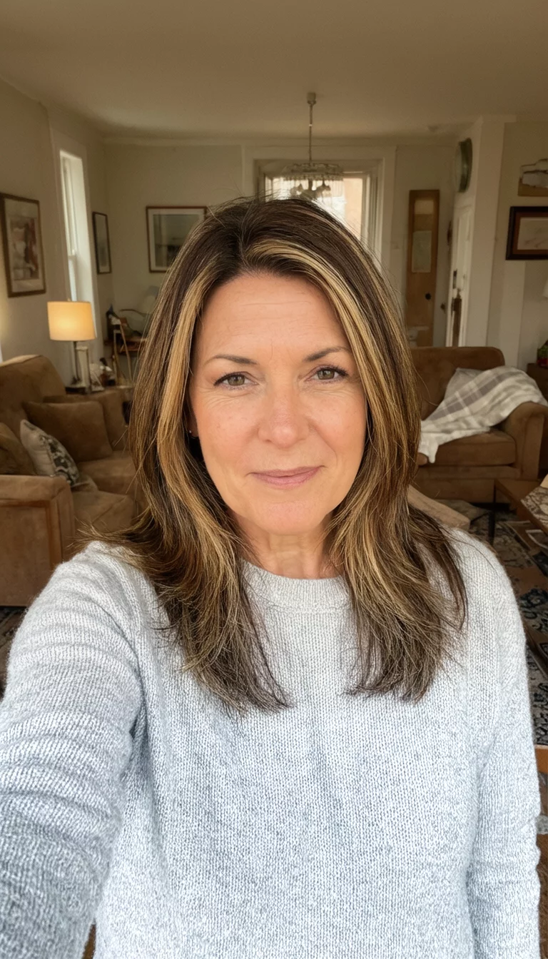 selfie of a 40-year-old woman wearing a light grey sweater with medium-length brown hair with blonde highlights and face-framing layers hairstyle, front view, cozy living room