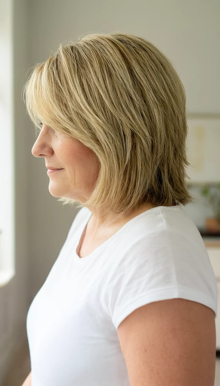 casual photo of a 42-year-old woman wearing a white top with blonde, layered hair styled in a shoulder-length cut with front pieces hairstyle, side view, light interior