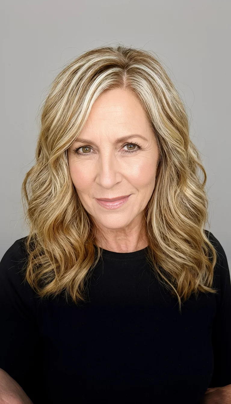 selfie of a 48-year-old woman wearing a black top with honey-blonde, wavy hair and bright highlighted streaks hairstyle, front view, soft studio lighting