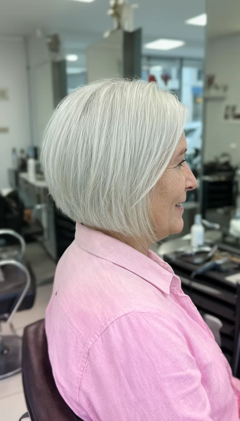 casual photo of a 49-year-old woman wearing a light pink shirt with a platinum blonde bob hairstyle, side view, hair salon background