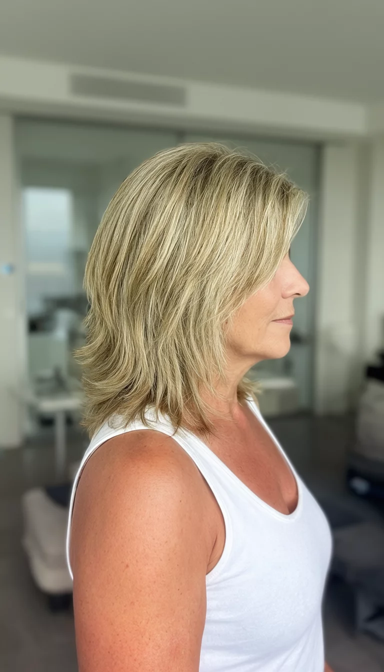 casual photo of a 41-year-old woman wearing a white tank top with blonde, medium-length layered hair hairstyle, side view, modern interior