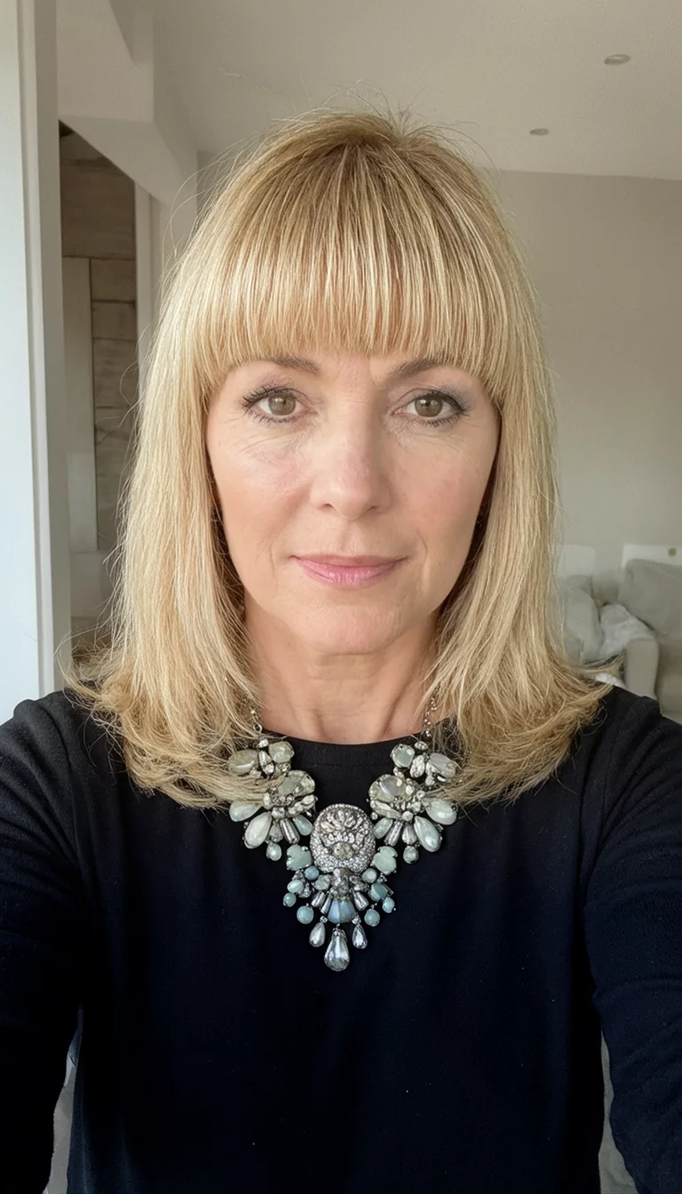 selfie of a 44-year-old woman wearing a black top and statement necklace with blonde hair and full bangs hairstyle, front view, indoor setting