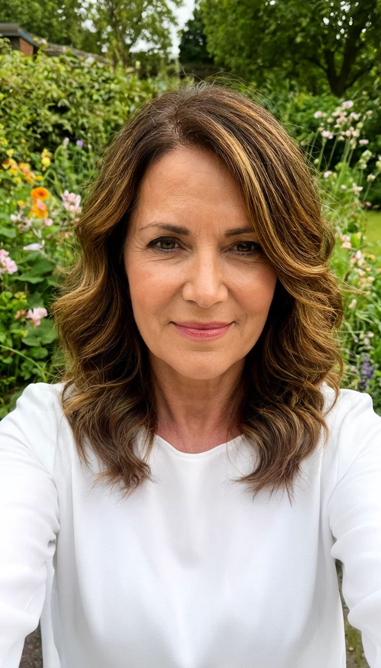 selfie of a 46-year-old woman wearing a white top with shoulder-length, wavy brown hair with caramel highlights hairstyle, front view, garden background