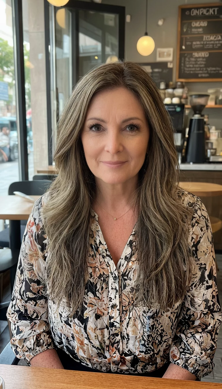 selfie of a 47-year-old woman wearing a stylish blouse with long layered hair hairstyle, front view, cafe background
