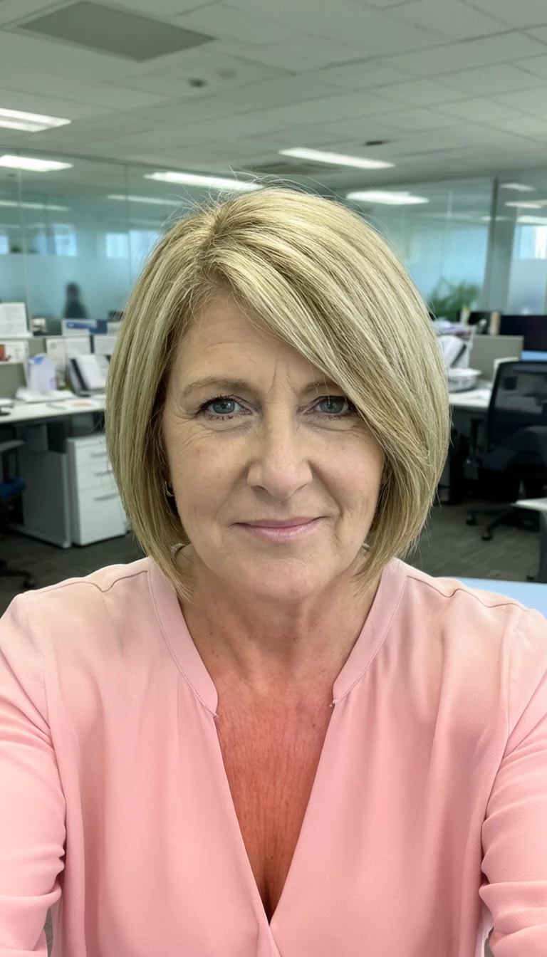 selfie of a 45-year-old woman wearing a light pink blouse with a blonde bob with side-swept bangs hairstyle, front view, office background