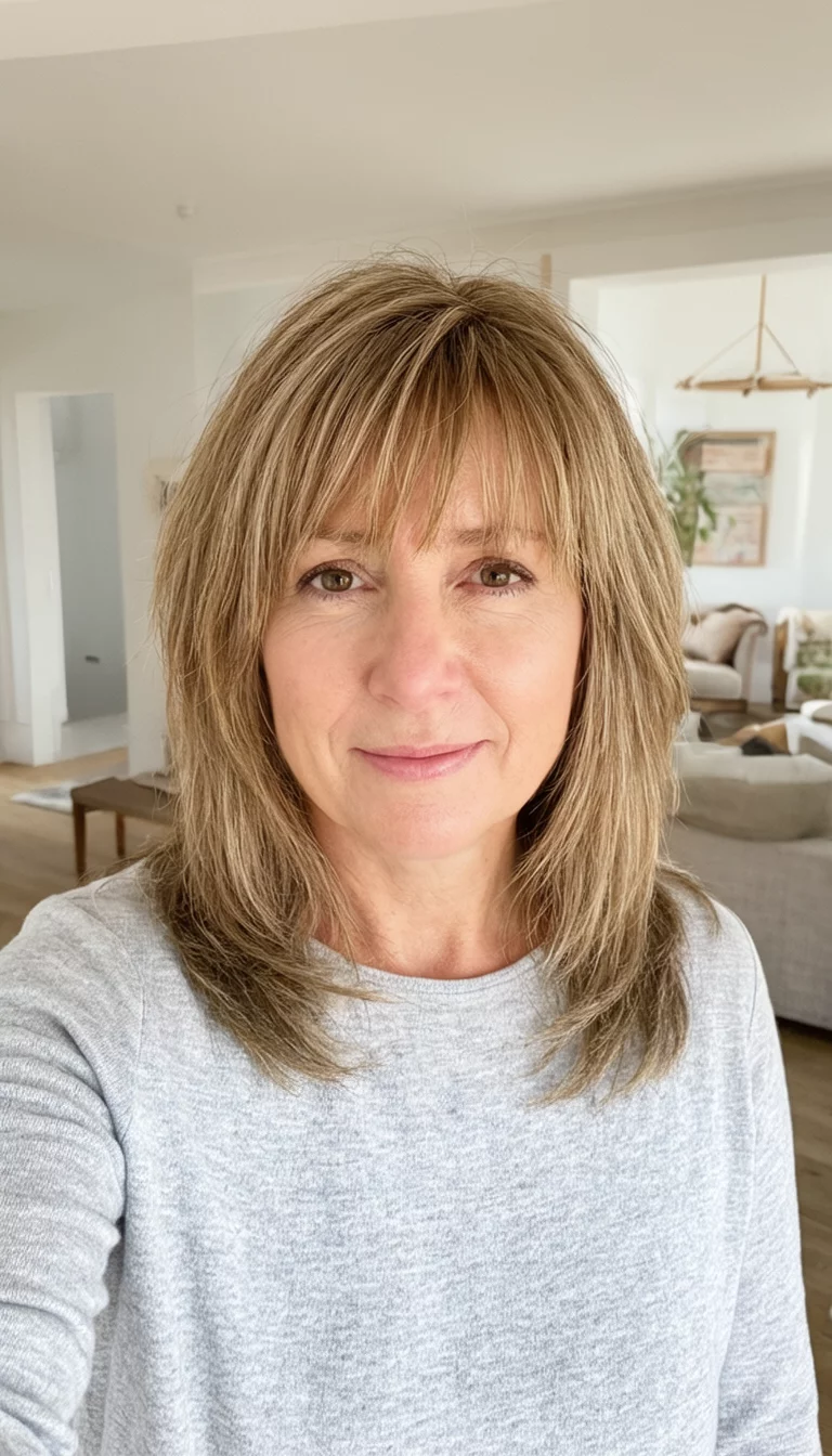 selfie of a 41-year-old woman wearing a light grey top with light brown, layered hair and wispy bangs hairstyle, front view, bright living room