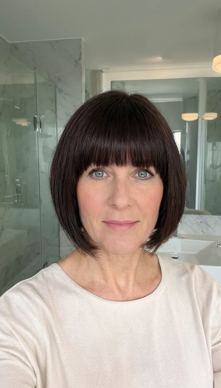 selfie of a 43-year-old woman wearing a simple top with a styled dark brown bob with straight bangs hairstyle, front view, modern bathroom