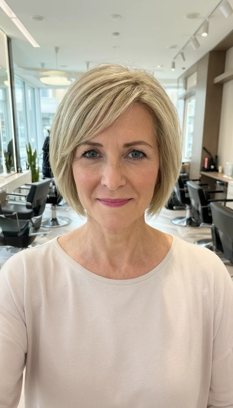 selfie of a 49-year-old woman wearing a light top with a shorter, layered blonde bob hairstyle, front view, modern salon background