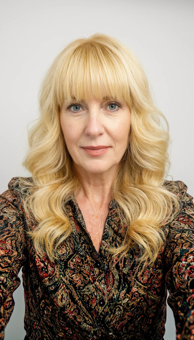 selfie of a 43-year-old woman wearing a stylish top with bright blonde, wavy hair and full bangs hairstyle, front view, studio setting