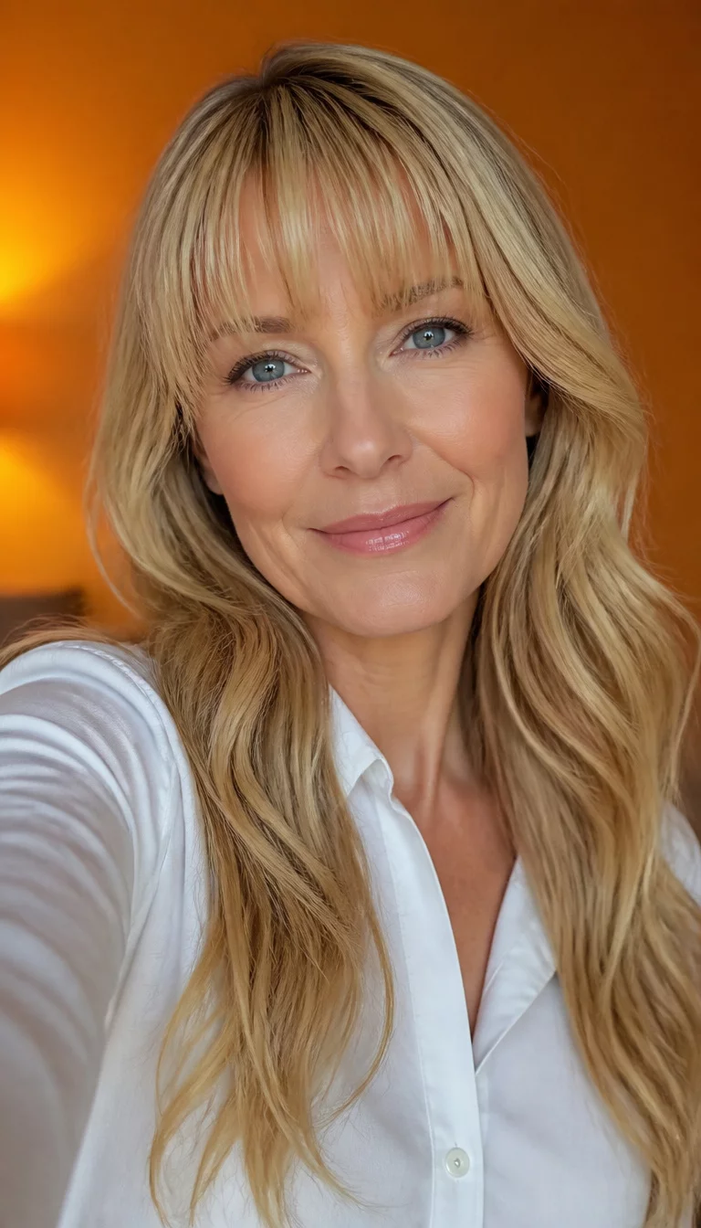 selfie of a 50 year old fair ethnicity woman with an oval face and straight nose. Her face skin has smooth skin. The eyes are almond eyes in blue. She is wearing a white button up shirt with a long wavy blonde hair and bangs hairstyle, front view, blurry orange background.