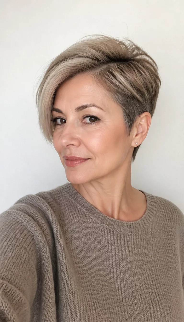 selfie of a 54 year old fair ethnicity woman with a rectangular face shape and straight nose. Her face skin has smooth skin. The eyes are almond eyes in brown. She is wearing a casual sweater with an asymmetrical pixie cut hairstyle, side view, white background.