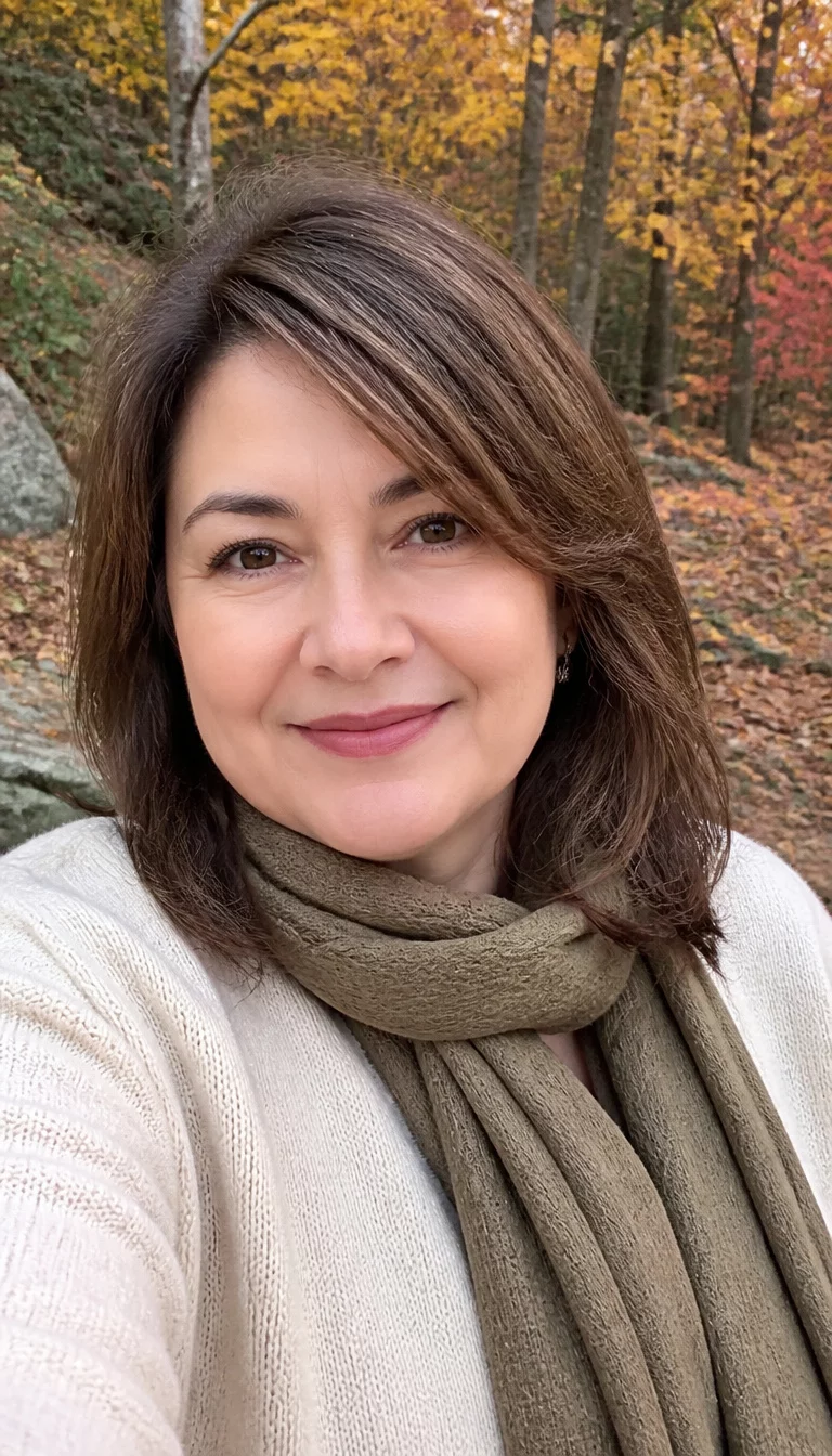 selfie of a 52 year old fair ethnicity woman with a round face and straight nose. Her face skin has smooth skin. The eyes are almond eyes in brown. She is wearing a cream sweater and khaki scarf with a medium length layered brown hair hairstyle, front view, outdoors in autumn.
