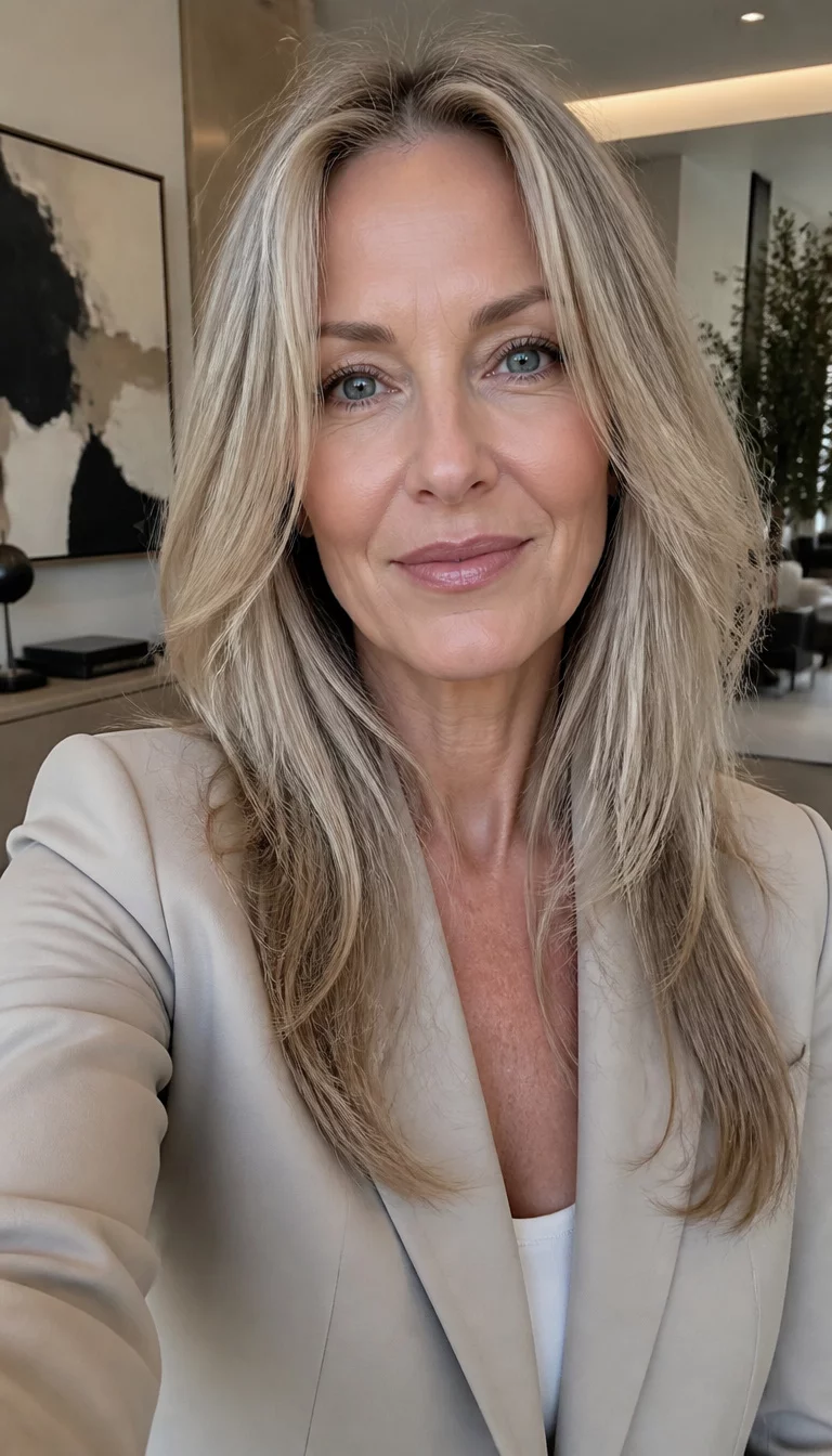 selfie of a 57 year old fair ethnicity woman with a long face and straight nose. Her face skin has smooth skin. The eyes are almond eyes in blue. She is wearing a chic blazer with a long ash blonde layered hairstyle, front view, modern interior.