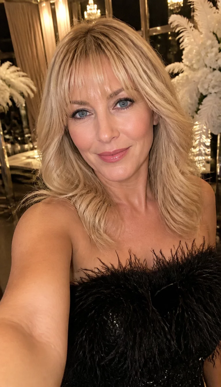 selfie of a 51 year old fair ethnicity woman with an oval face and straight nose. Her face skin has smooth skin. The eyes are almond eyes in blue. She is wearing a black strapless feathered gown with a medium length wavy blonde hair and bangs hairstyle, front view, glam background.