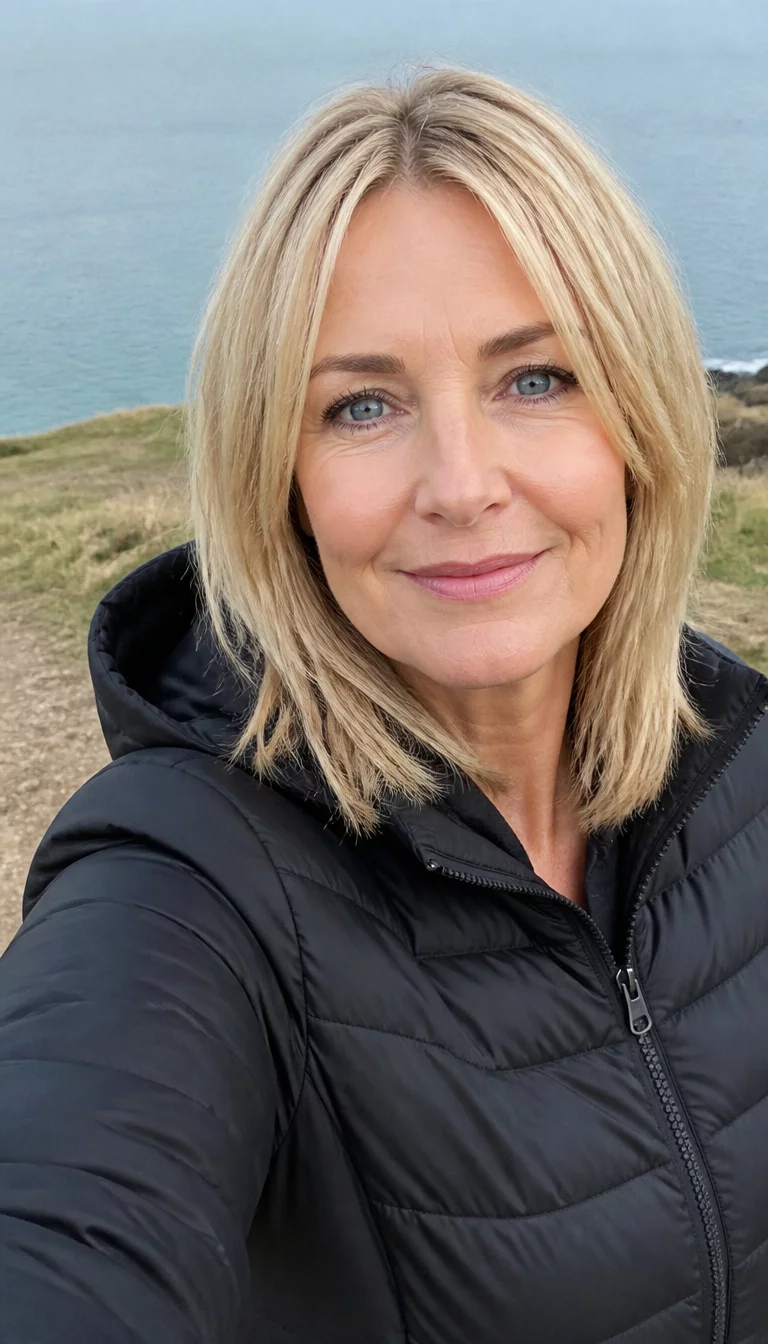 selfie of a 55 year old fair ethnicity woman with an oval face and straight nose. Her face skin has smooth skin. The eyes are almond eyes in blue. She is wearing a black hooded jacket with a shoulder length blonde hairstyle, front view, casual outdoor background.
