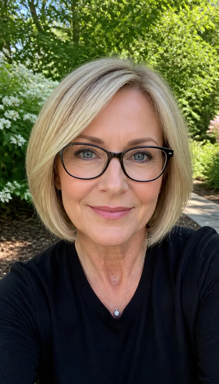 selfie of a 58 year old fair ethnicity woman with an oval face and straight nose. Her face skin has smooth skin. The eyes are almond eyes in blue. She is wearing black rimmed glasses with a blonde bob hairstyle, front view, outdoors with greenery in the background.