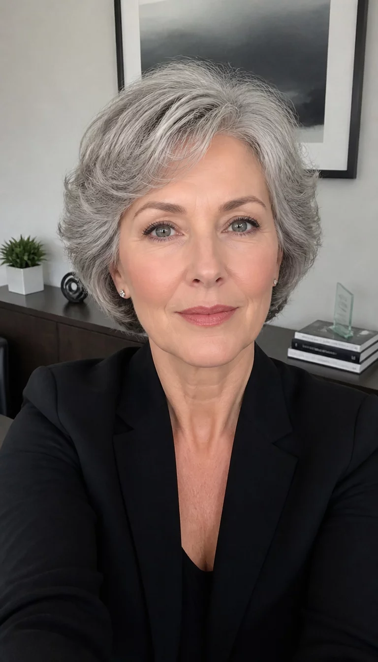 selfie of a 59 year old fair ethnicity woman with an angular face and straight nose. Her face skin has smooth skin. The eyes are almond eyes in grey. She is wearing a black blazer with a short wavy gray hairstyle, front view, professional background.
