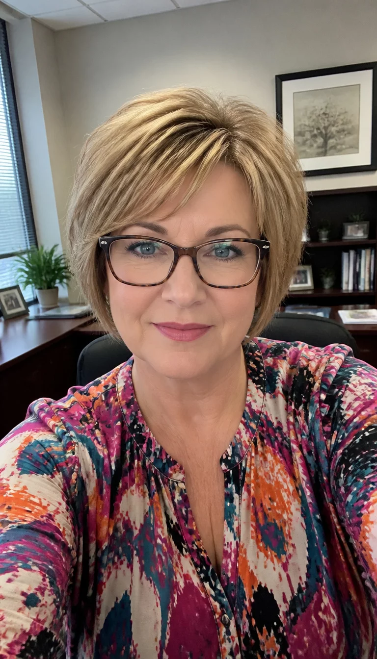 selfie of a 56 year old fair ethnicity woman with a round face shape and straight nose. Her face skin has smooth skin texture. The eyes are almond eyes in blue. She is wearing glasses and a colorful blouse with a short textured bob hairstyle, front view, office background.