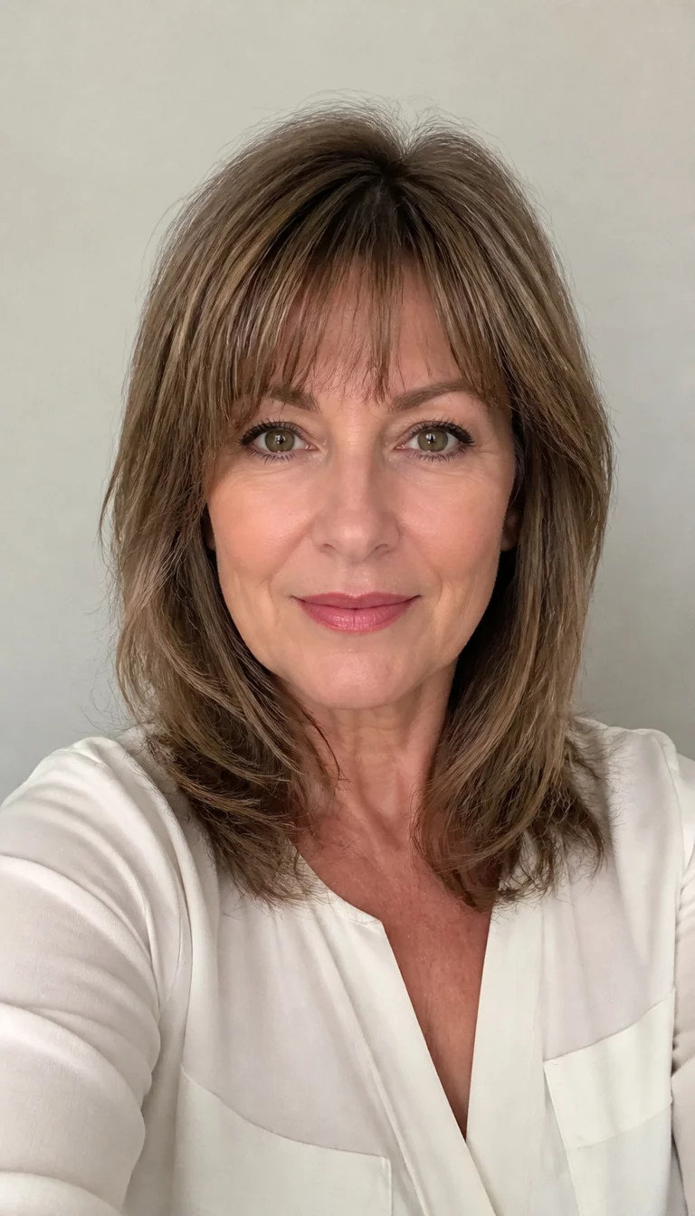 selfie of a 55 year old fair ethnicity woman with a square face shape and straight nose. Her face skin has smooth skin. The eyes are almond eyes in hazel. She is wearing a simple blouse with a versatile layered cut with bangs hairstyle, front view, neutral background.