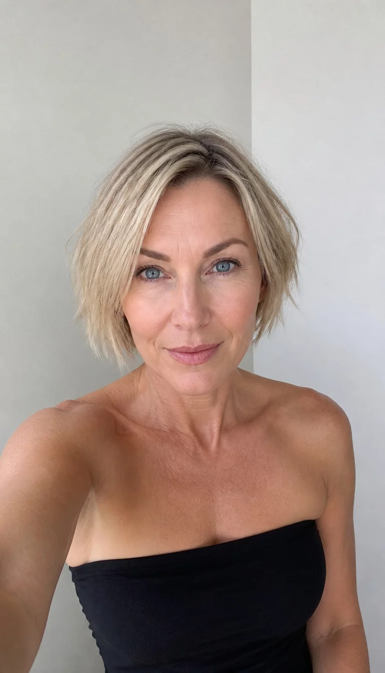 selfie of a 54 year old fair ethnicity woman with an oval face and straight nose. Her face skin has smooth skin. The eyes are almond eyes in blue. She is wearing a black strapless top with a short choppy blonde bob hairstyle, front view, minimalist background.