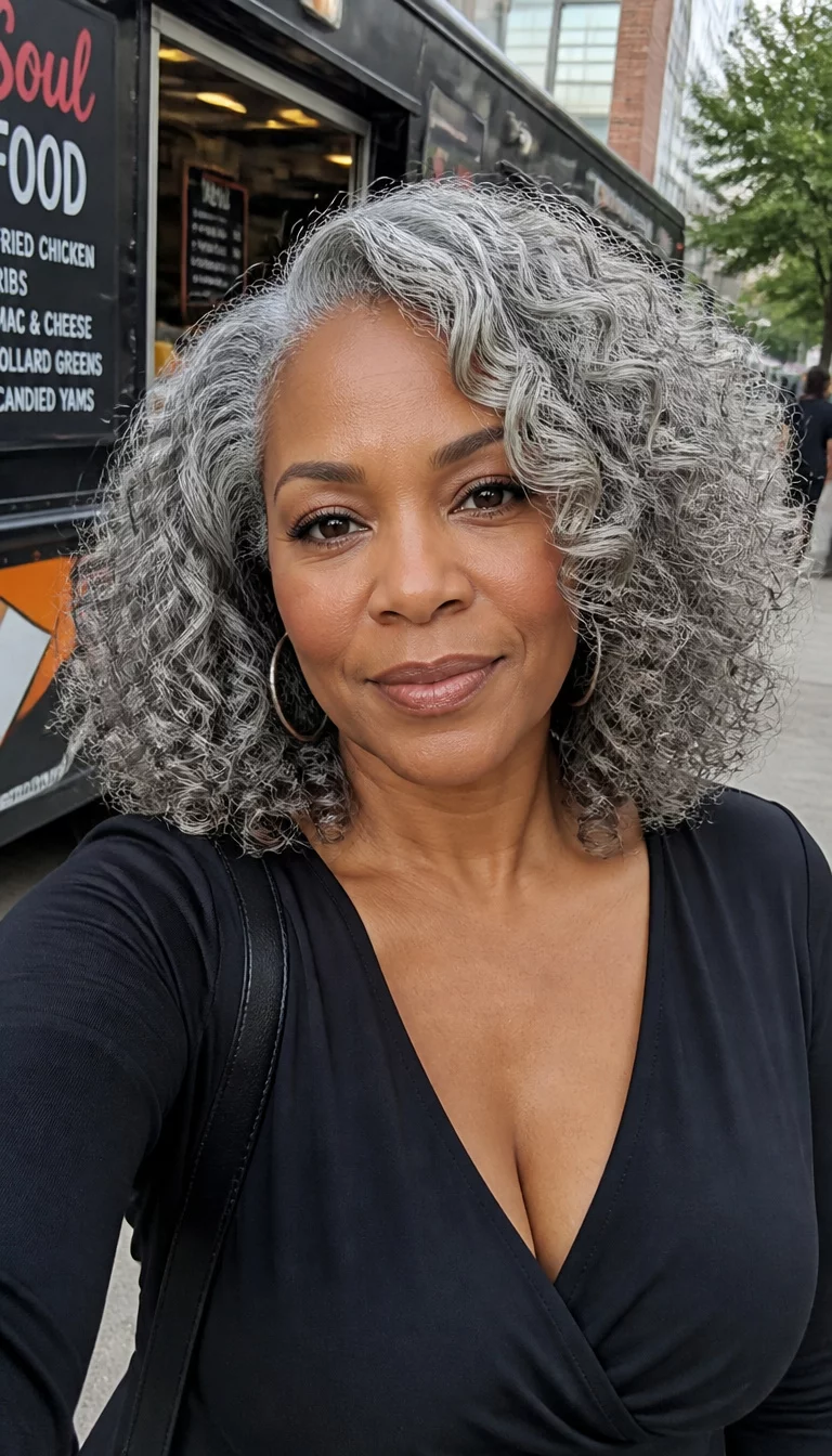selfie of a 55 year old Black ethnicity woman with an ovular face and straight nose. Her face skin has smooth skin. The eyes are almond eyes in dark brown. She is wearing a black dress with a gray curly hairstyle, front view, outdoor urban setting near a food truck.