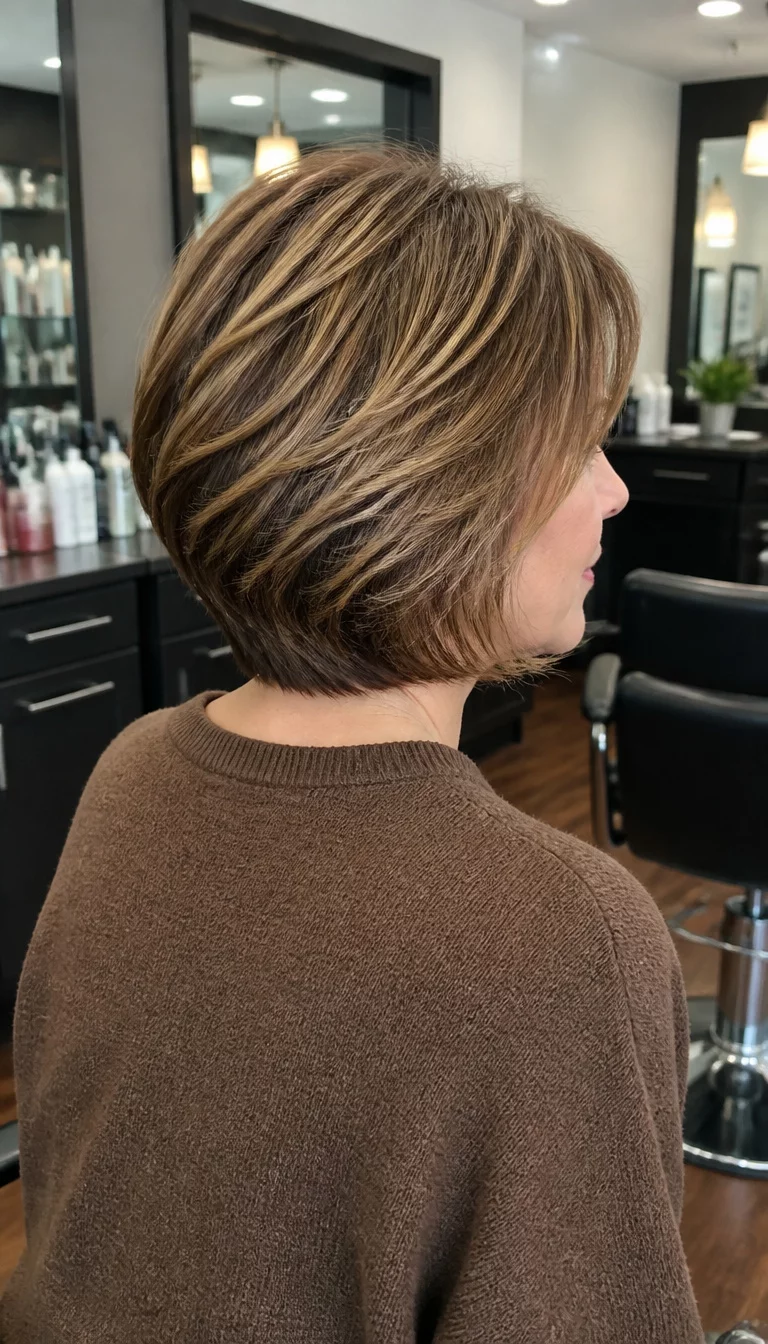 casual photo of a 58 year old fair ethnicity woman with an oval face and straight nose. Her face skin has smooth skin. The eyes are almond eyes in brown. She is wearing a brown sweater with a stacked layered bob hairstyle in a warm brown color with blonde highlights, back view, salon background.