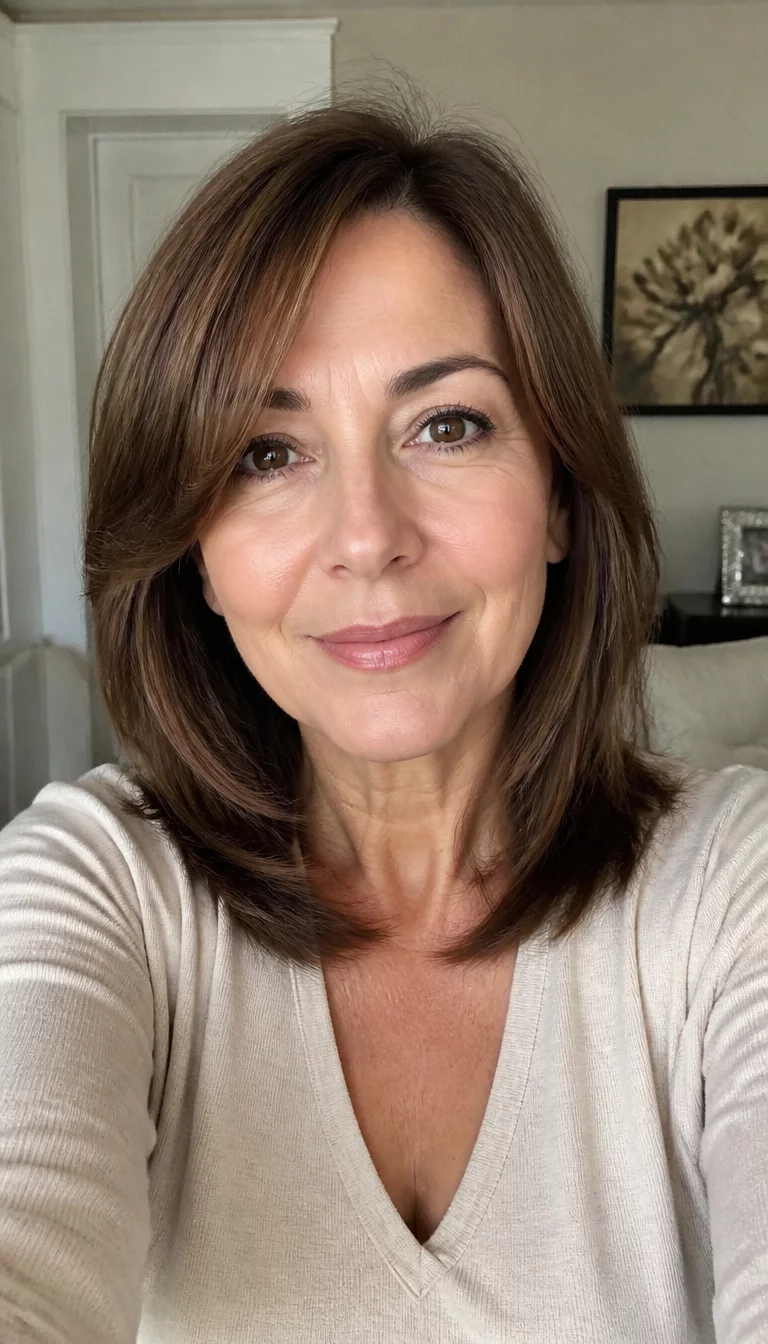 selfie of a 56 year old fair ethnicity woman with an oval face and straight nose. Her face skin has smooth skin. The eyes are almond eyes in brown. She is wearing a light beige V neck top with a layered shoulder length brown hairstyle, front view, soft home lighting.