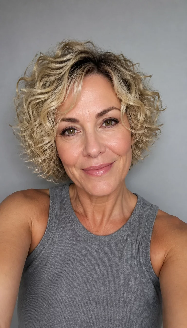 selfie of a 53 year old fair ethnicity woman with an oval face and straight nose. Her face skin has smooth skin. The eyes are almond eyes in hazel. She is wearing a grey sleeveless top with a short blonde and dark rooted curly hairstyle, front view, simple background.