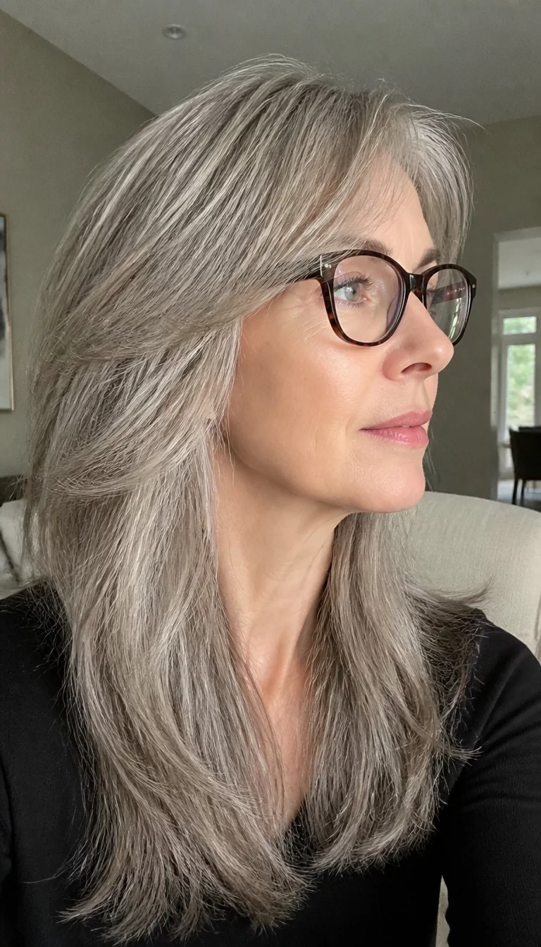 casual photo of a 59 year old fair ethnicity woman with a long face shape and straight nose. Her face skin has smooth skin. The eyes are almond eyes in grey. She is wearing glasses with a long layered gray hair hairstyle, side view, natural light.